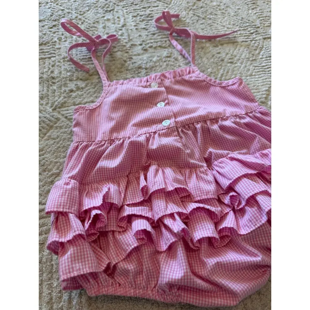 Stitchy Fish Baby Girl Pink Gingham Smocked Strawberry Bubble Romper Size 9M